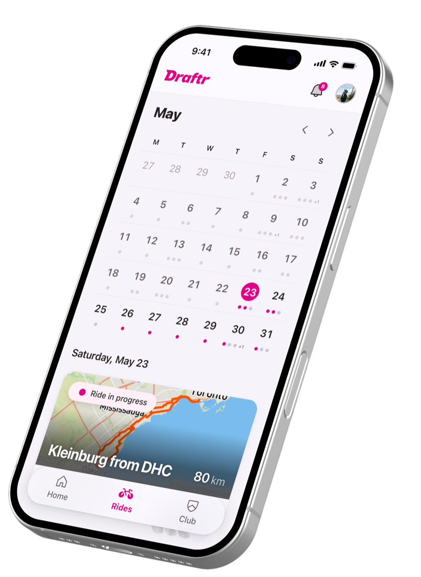 Draftr rides calendar with an upcoming club ride in progress
